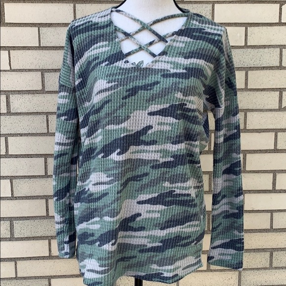 Cherish Green Camouflage Criss Cross Brushed Waffle Top - Picture 3 of 8